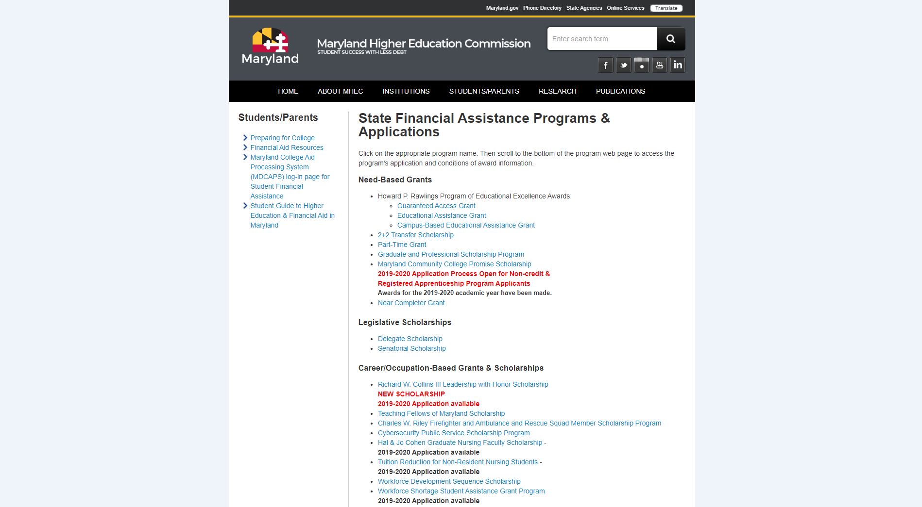 MD Higher Education Commission-Link for Grants and Scholarships Website